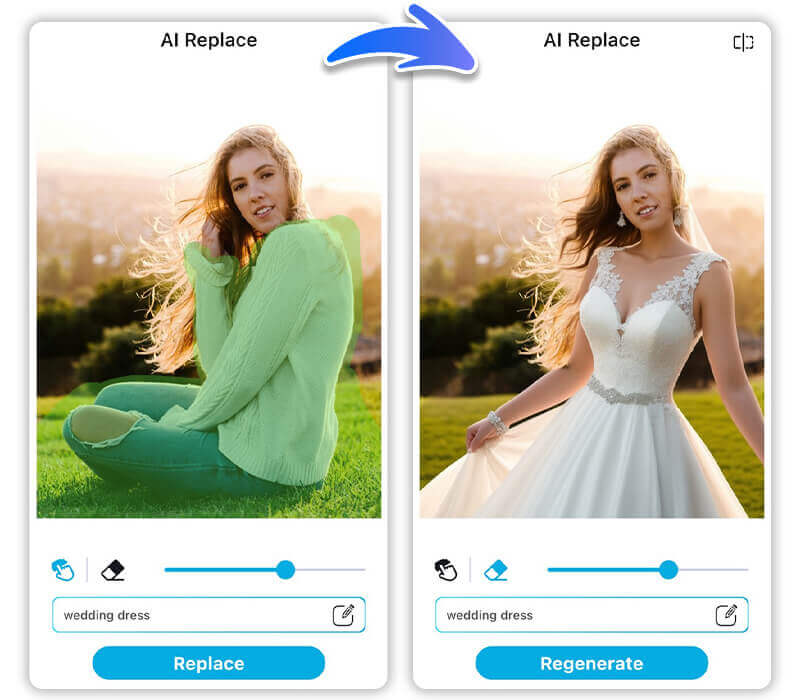Mulher em uma foto tendo sua roupa substituída por um vestido de noiva virtual.