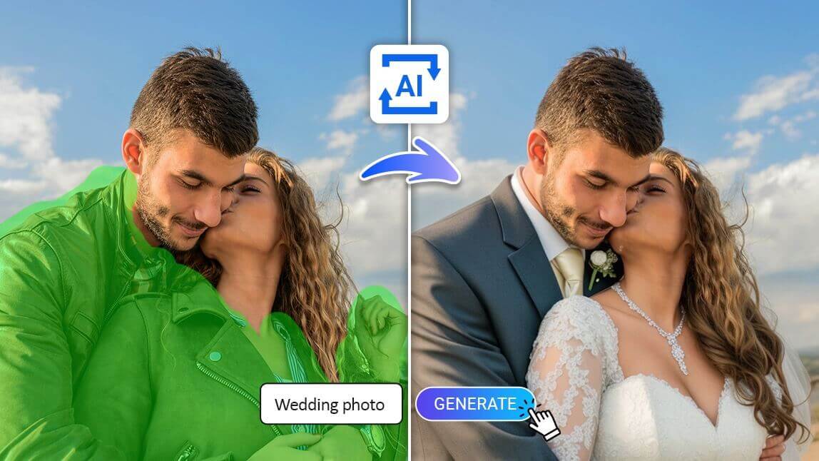 Um casal em uma foto, antes e depois de ser editada por uma IA para criar uma montagem de foto de casamento, transformando roupas casuais em trajes de noivos.