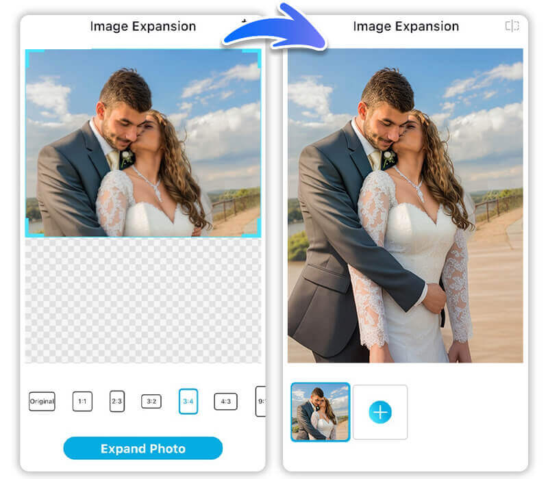 Comparativo de uma foto de casamento antes e depois de usar o expansor de imagem IA.