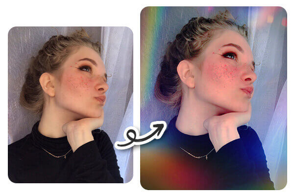 Pride-Filter Vorher-nachher Vergleich mit Regenbogenfilter auf Selfie