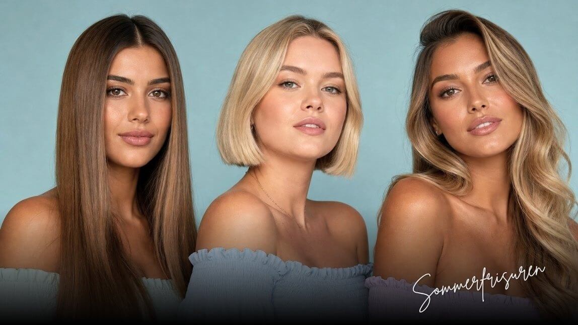 Sommerfrisuren: glattes, kurzes und welliges Haar vor sommerblauem Hintergrund.