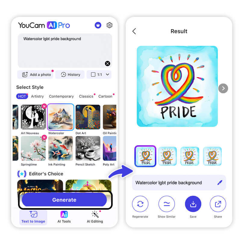 Comment créer des images pour le Mois des Fiertés avec un générateur d’images IA gratuit : YouCam AI Pro
