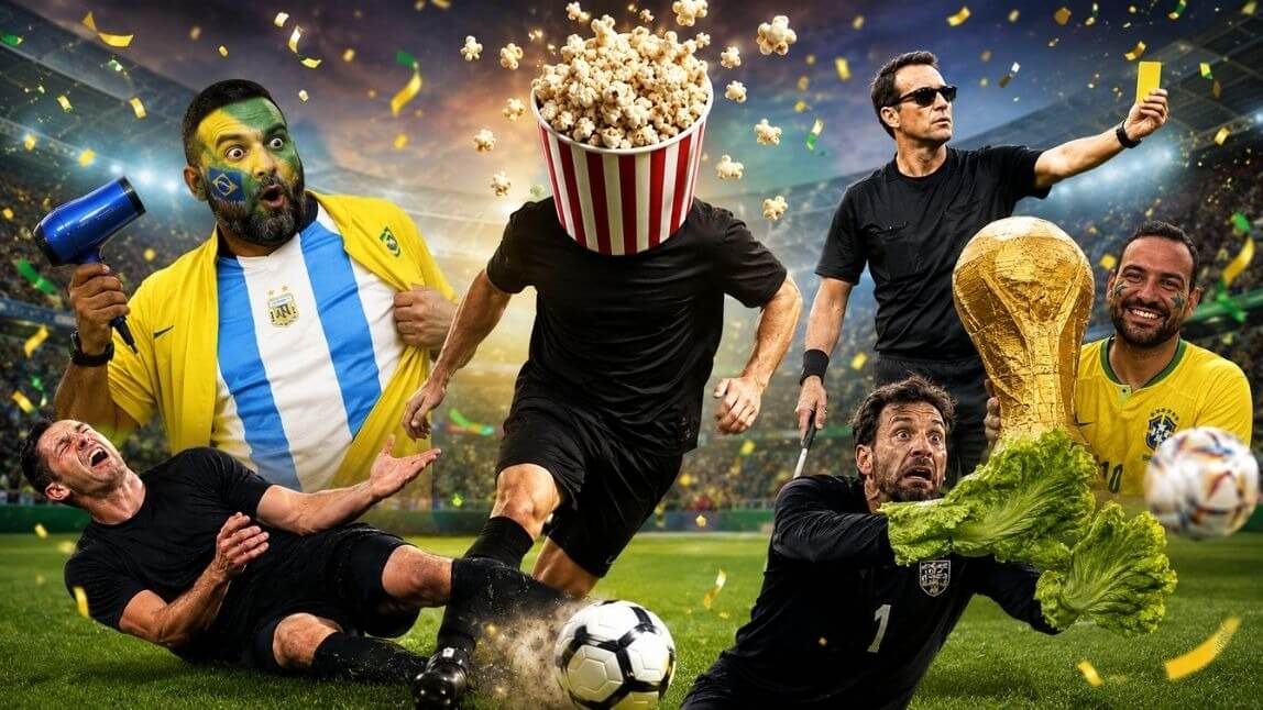 Montagem de memes da Copa do Mundo 2026 e memes de futebol criados por IA, com goleiro mão de alface, jogador pipoqueiro, secador de rivais e juiz cego em campo.