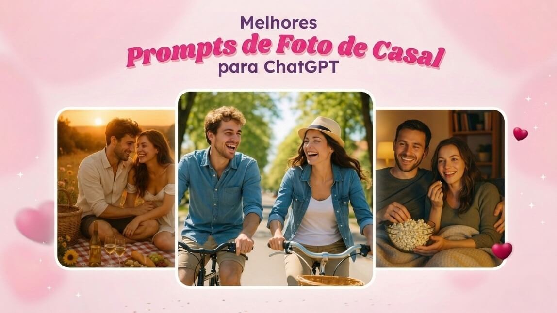 Banner informativo sobre os melhores prompts do ChatGPT para fotos de casal com IA, exibindo exemplos de piquenique romântico, passeio de bicicleta e cinema em casa.