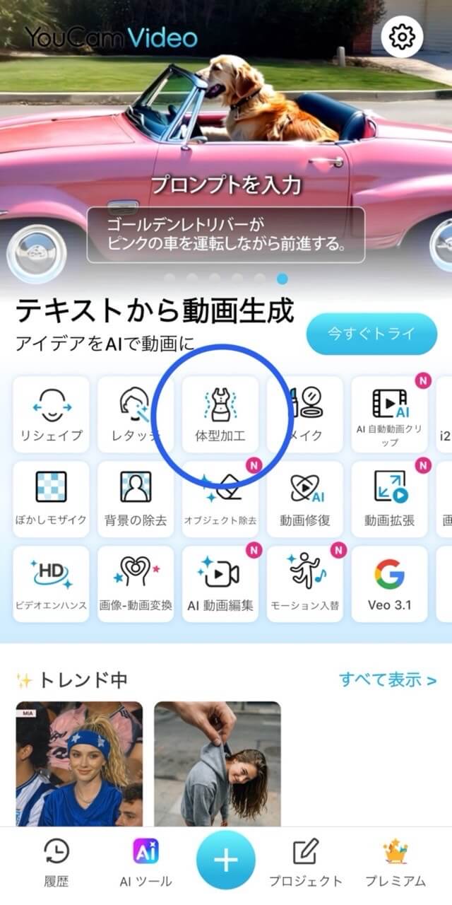 ステップ1、「体型加工」機能を選択する ステップ1、「体型加工」機能を選択する