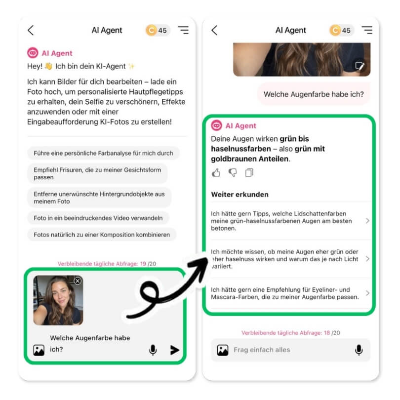 AI Agent in der YouCam Makeup App analysiert die Augenfarbe und hilft dir bei der Bestimmung.