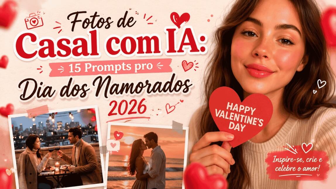 Casal em jantar romântico no terraço com efeito de corações vermelhos flutuantes e luzes da cidade, criado com IA para o Dia dos Namorados.