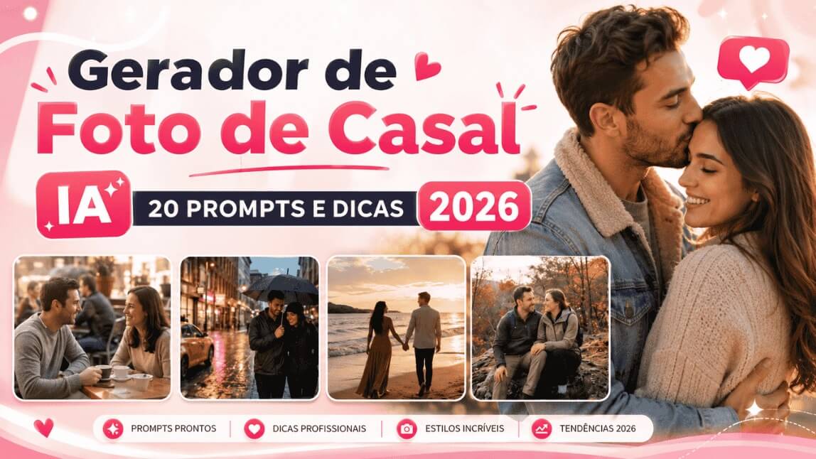 Banner rosa do gerador de foto de casal com IA destacando 20 prompts e tendências para 2026. Mostra um casal romântico abraçado e quatro exemplos de fotos realistas criadas por IA.
