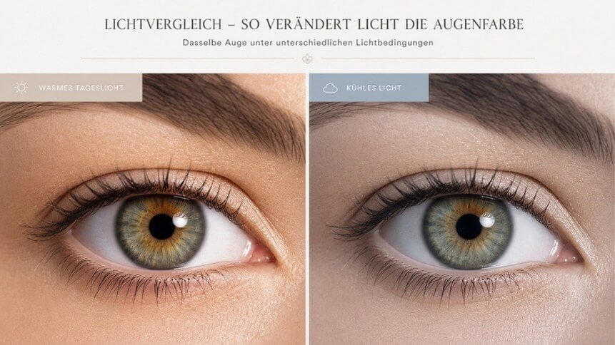 Lichtvergleich zeigt, wie sich die Augenfarbe bei warmem Tageslicht und kühlem Licht verändert.