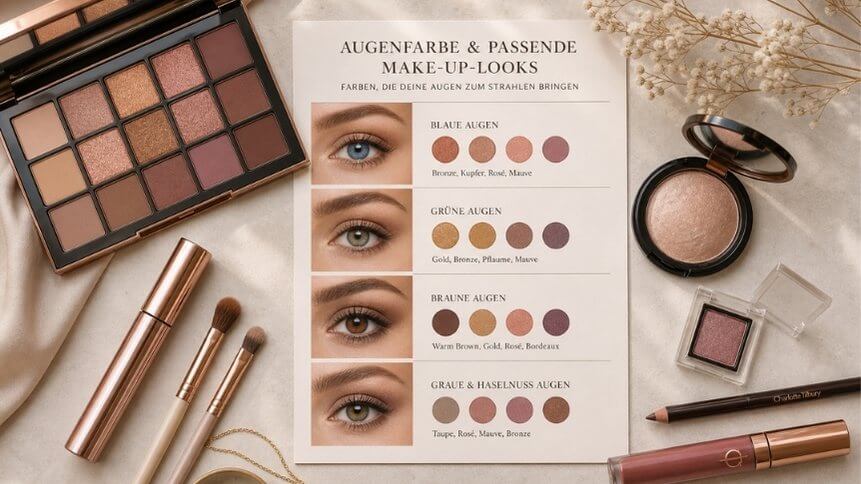Makeup-Looks und Lidschattenfarben passend zu blauen, grünen, braunen und haselnussfarbenen Augen.