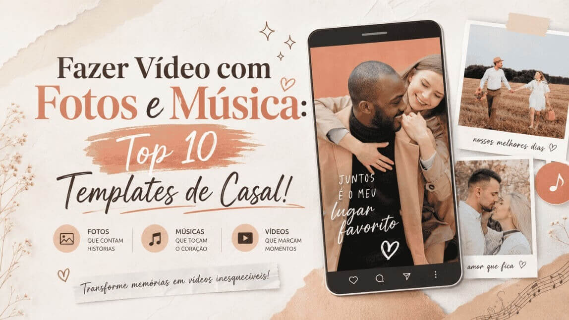 Banner ilustrativo sobre como fazer vídeo com fotos e música. Mostra um celular com a foto de um casal abraçado, fotos estilo polaroid, notas musicais e o texto "Top 10 Templates de Casal".