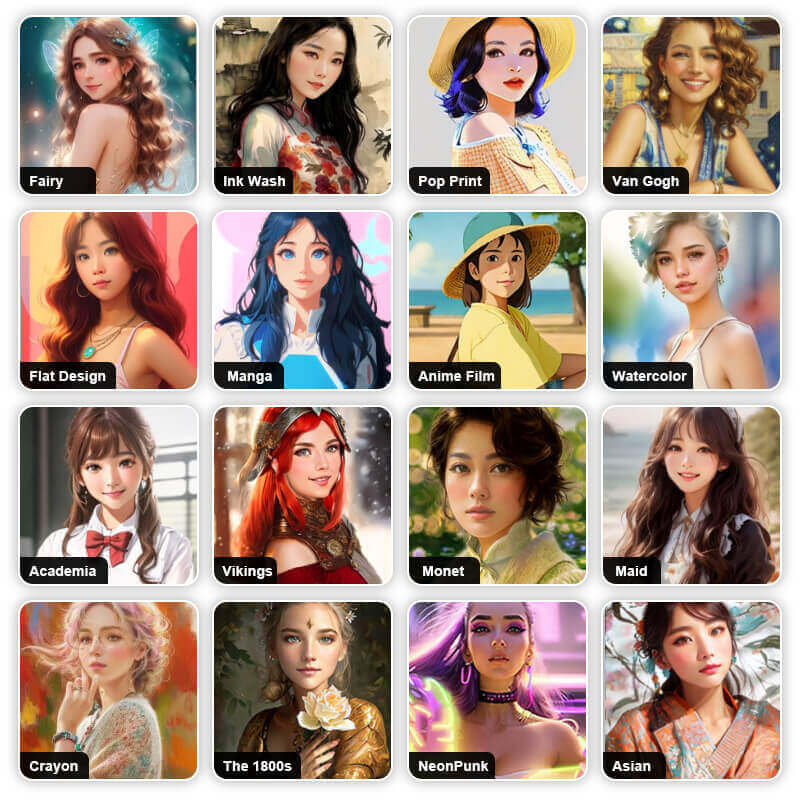 Apply 16+ different AI selfie filters to your photos