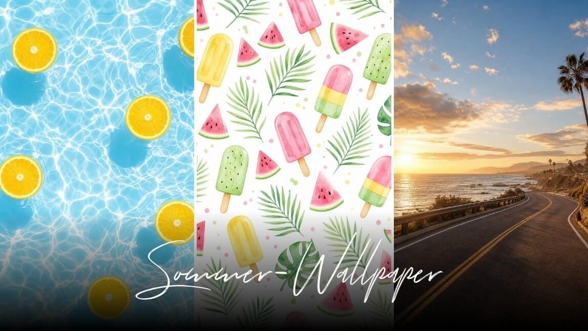 Fond d’écran d’été en triptyque avec eau de piscine et oranges, motif aquarelle de glaces et de melons, ainsi que coucher de soleil sur la côte.