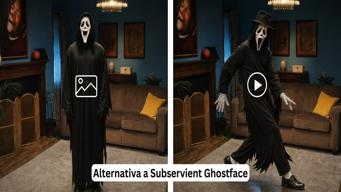 Alternativa Subservient Ghostface IA: foto statica vs video animato di Ghostface che balla con un cappello fedora.