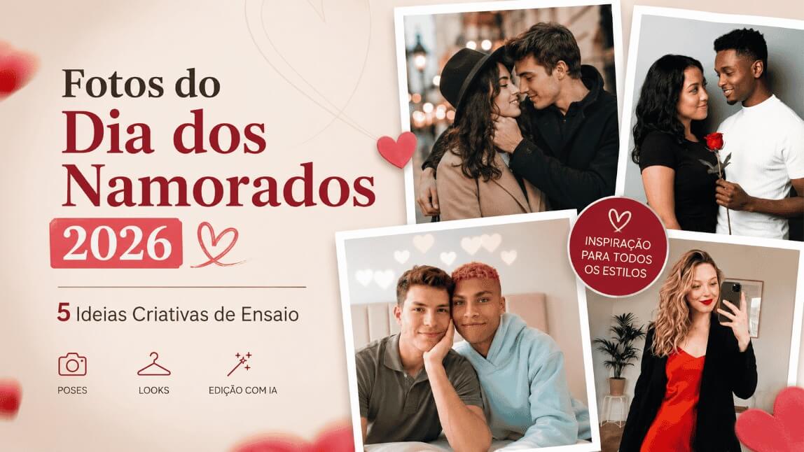 Banner com ideias de fotos para o Dia dos Namorados 2026. Colagem estilo polaroid com casais diversos apaixonados, uma mulher tirando selfie no espelho e dicas de poses, looks e edição com IA.