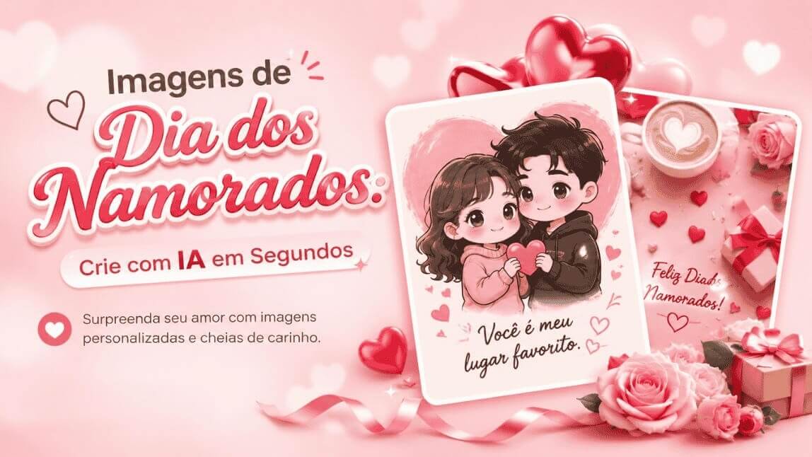 Banner rosa do YouCam AI Pro mostrando como criar imagens de Dia dos Namorados com IA, com exemplos de cartões românticos, presentes e um casal fofo estilo anime.