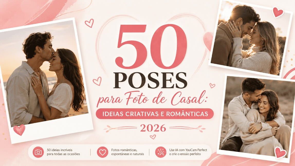 Banner com o título 50 Poses para Foto de Casal 2026. O design romântico em tons de rosa mostra três fotos estilo polaroid
