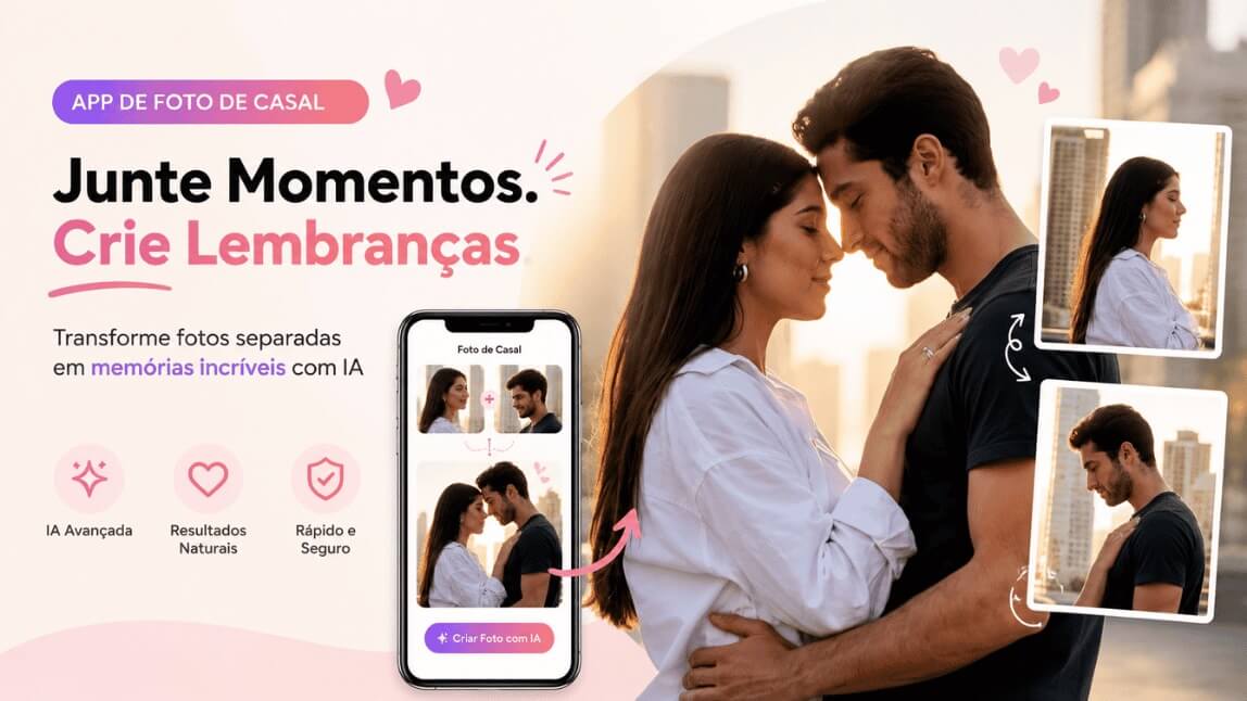 Banner do aplicativo de foto de casal em IA mostrando a interface do celular que junta duas fotos separadas para criar uma imagem romântica.
