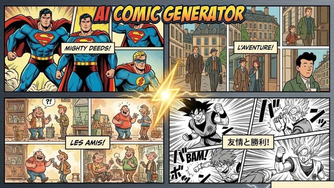 AI Comic Generator Vergleich – 4 Stile in einem Bild: Amerikanischer Superheld, Ligne Claire, Bande Dessinée und Manga