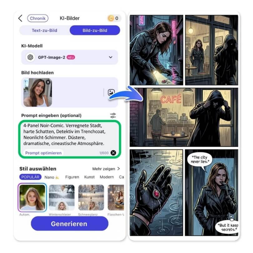 YouCam AI Pro – Foto zu Comic umwandeln mit KI, Manga und Cartoon Stile auf iPhone YouCamAI Pro – 4-Panel Noir-Comic auf Deutsch aus Referenzfoto erstellt mit GPT-Image-2
