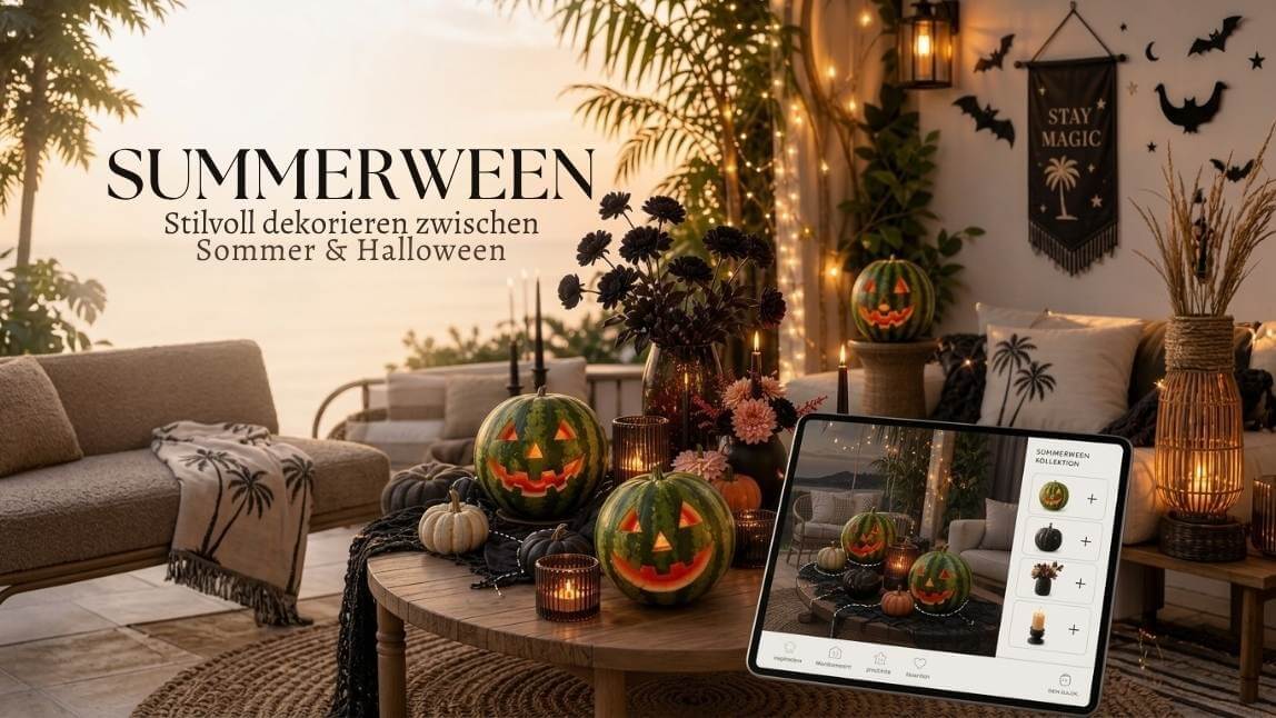 Zimmer verziert mit Summerween-Deko: Fledermäusen an der Wand, geschnitzte Wassermelonen.