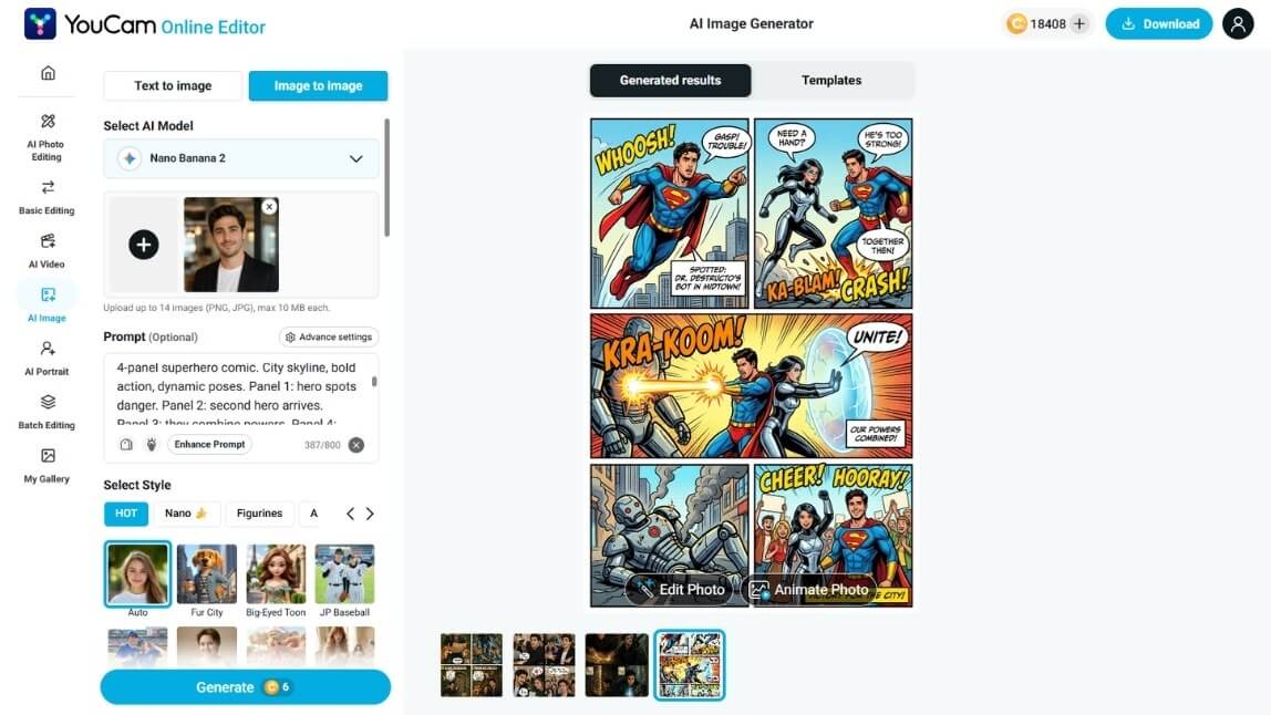 YouCam Online Editor – AI Comic Generator im Browser, 4-Panel Comic aus Referenzbild YouCam Online Editor AI Comic Generator – 4-Panel Superhero Comic aus Referenzbild erstellt mit Nano Banana 2 Modell
