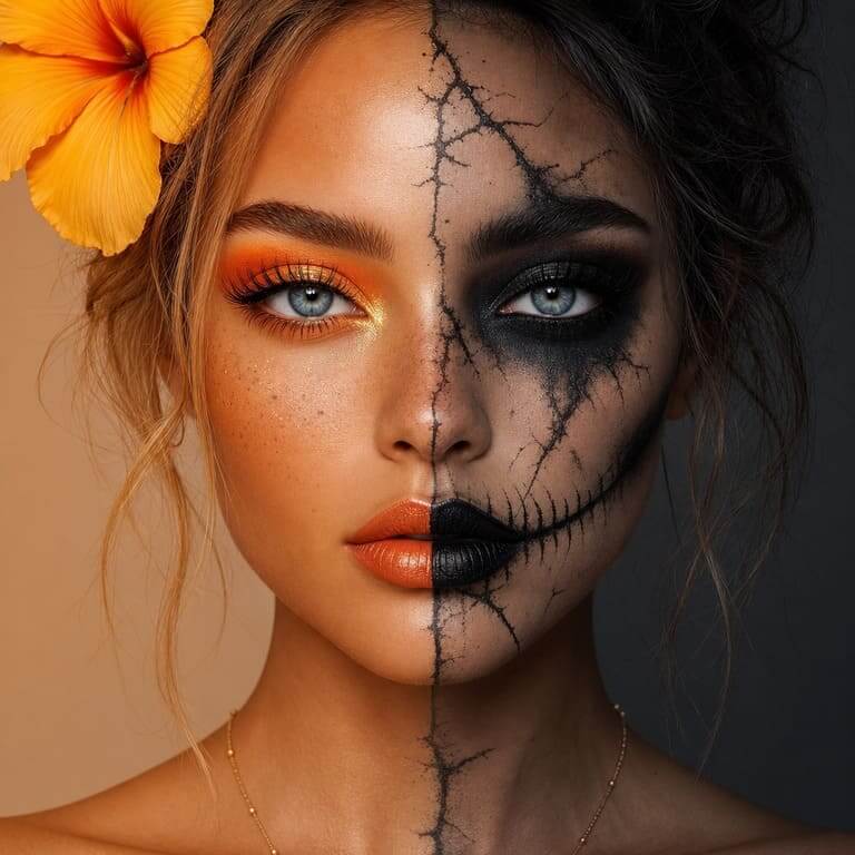 Half-and-Half-Look Make-up im halben Sommerlook und halben Halloween-Look
