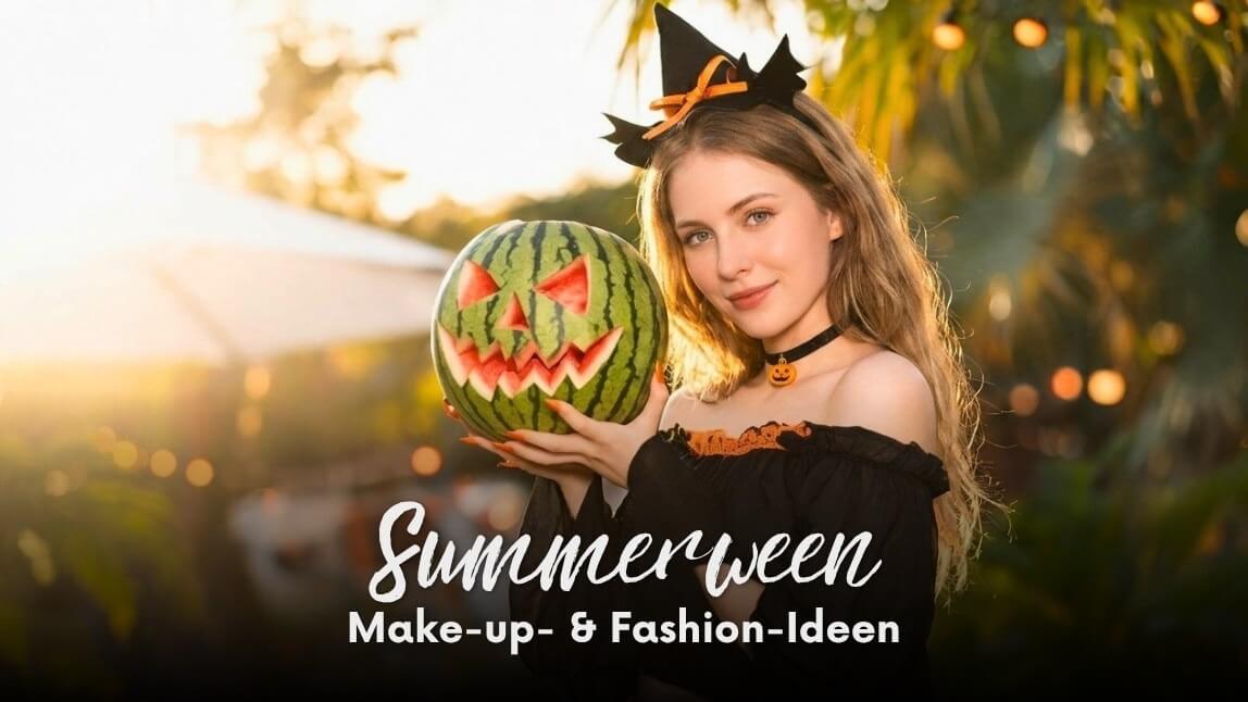 Frau im Hexenkostüm hält eine geschnitzte Wassermelone zum Summerween (Sommer + Halloween)