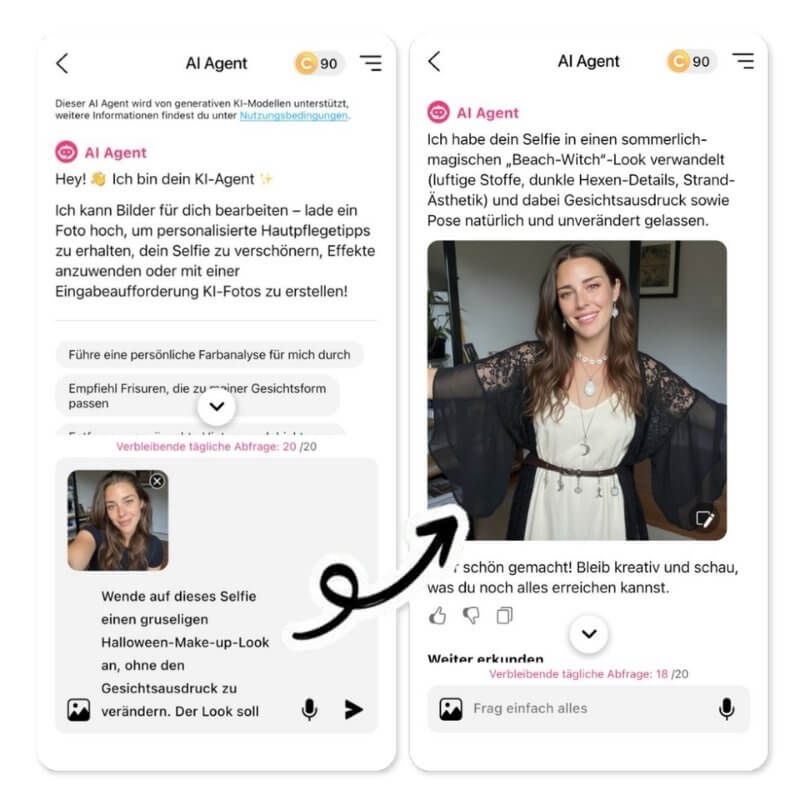 Summerween mit AI Agent Benutzeroberfläche von YouCam Makeup zum Testen von Summerween-Make-up-Looks und -Kostümen.