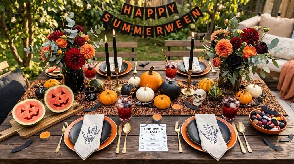 Gartentisch mit Summerween-Deko: Geschnitze Wassermelonen, Halloween-Verzierungen