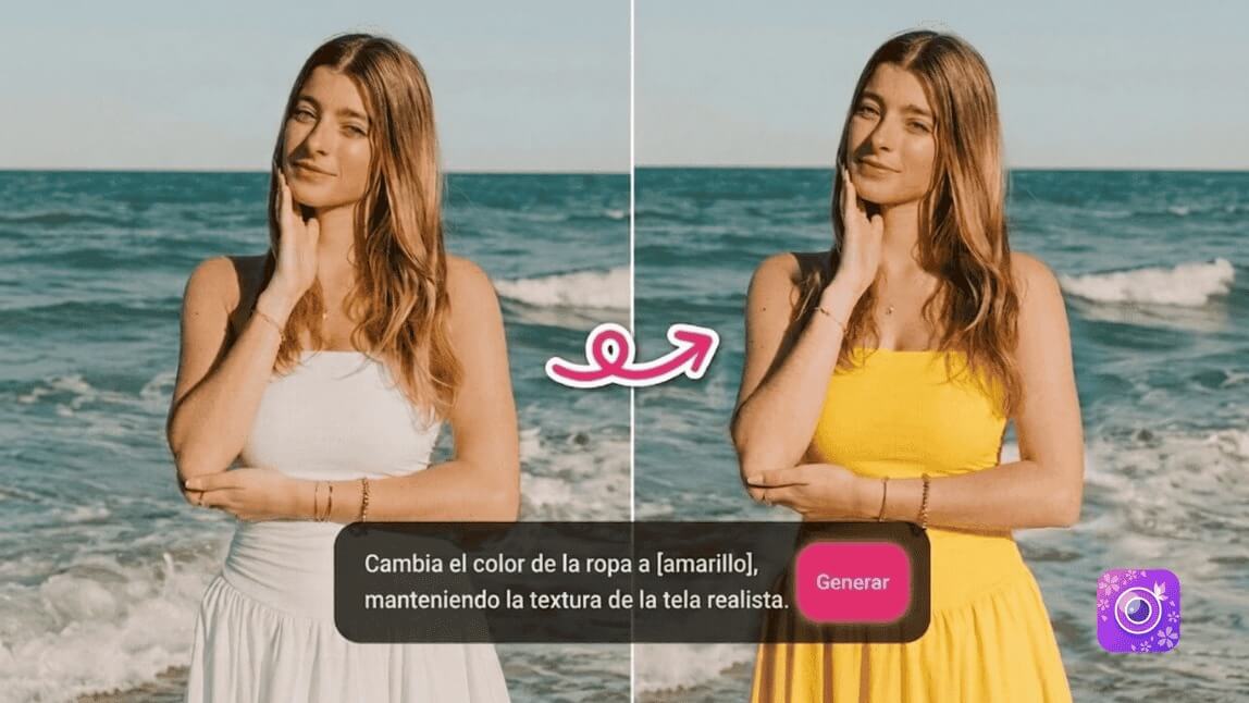 Antes y después de una mujer en la playa mostrando cómo cambiar el color de la ropa de blanco a amarillo usando un prompt de inteligencia artificial.
