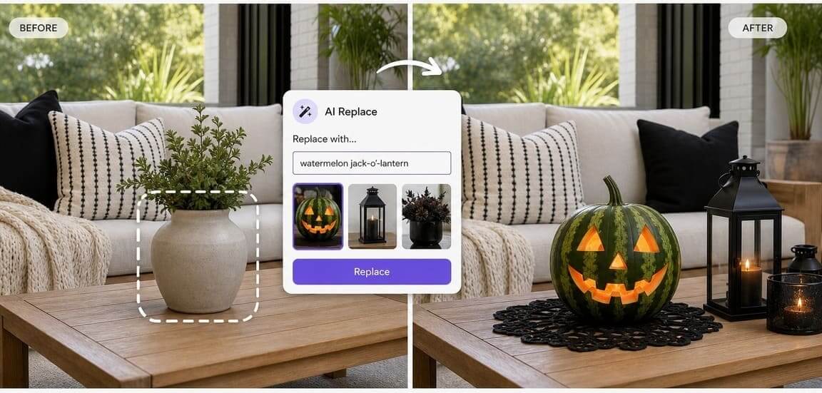 Mit AI Replace wird die Vase ausgewählt und gegen eine geschnitzte Wassermelone im Jack O'Lantern-Stil ersetzt.