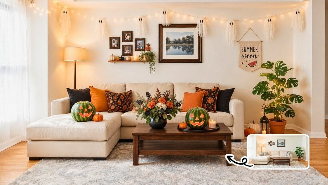 Wohnzimmer mit Summerween-Deko