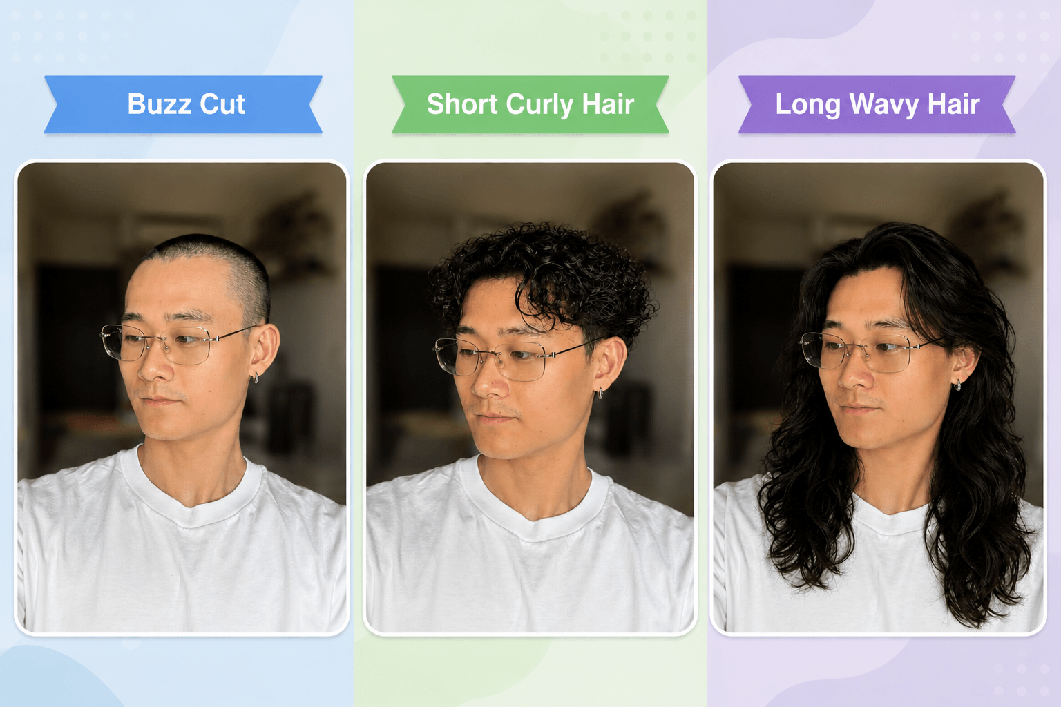 3 Hairstyles Tested 3 Hairstyles Tested: Left: Buzz Cut; Middle: Short Curly Hair; Right: Long Wavy Hair