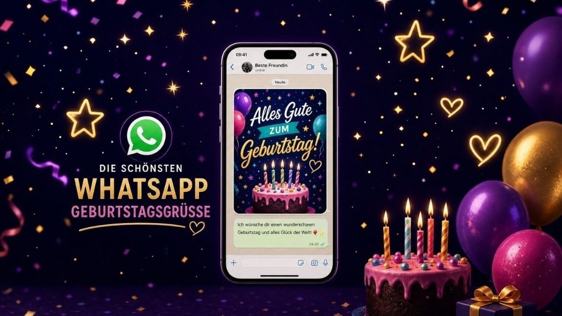 WhatsApp Geburtstagsgrüße: Smartphone mit bunter Geburtstagsnachricht „Alles Gute zum Geburtstag" auf WhatsApp, umgeben von Luftballons, Kerzen und Konfetti