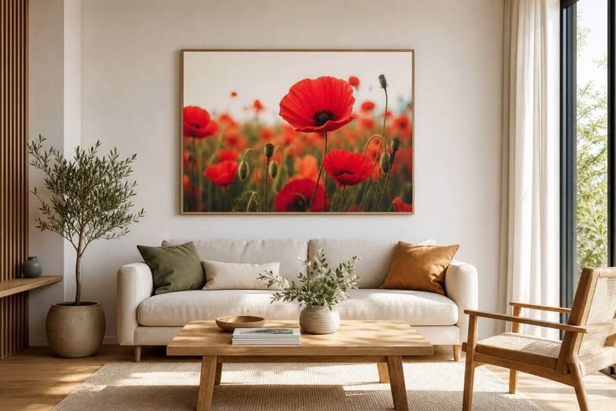 Bilder mit Mohnblumen als Wanddeko: Großformatiger Mohnblumen-Print im Rahmen über einem Sofa im modernen Wohnzimmer