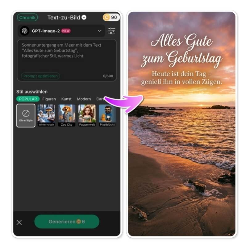 Personalisierte WhatsApp Geburtstagsgrüße erstellen mit YouCam Perfect: KI-Bildgenerator mit GPT-Image-2 und generiertem Sonnenuntergangs-Geburtstagsbild mit deutschem Text
