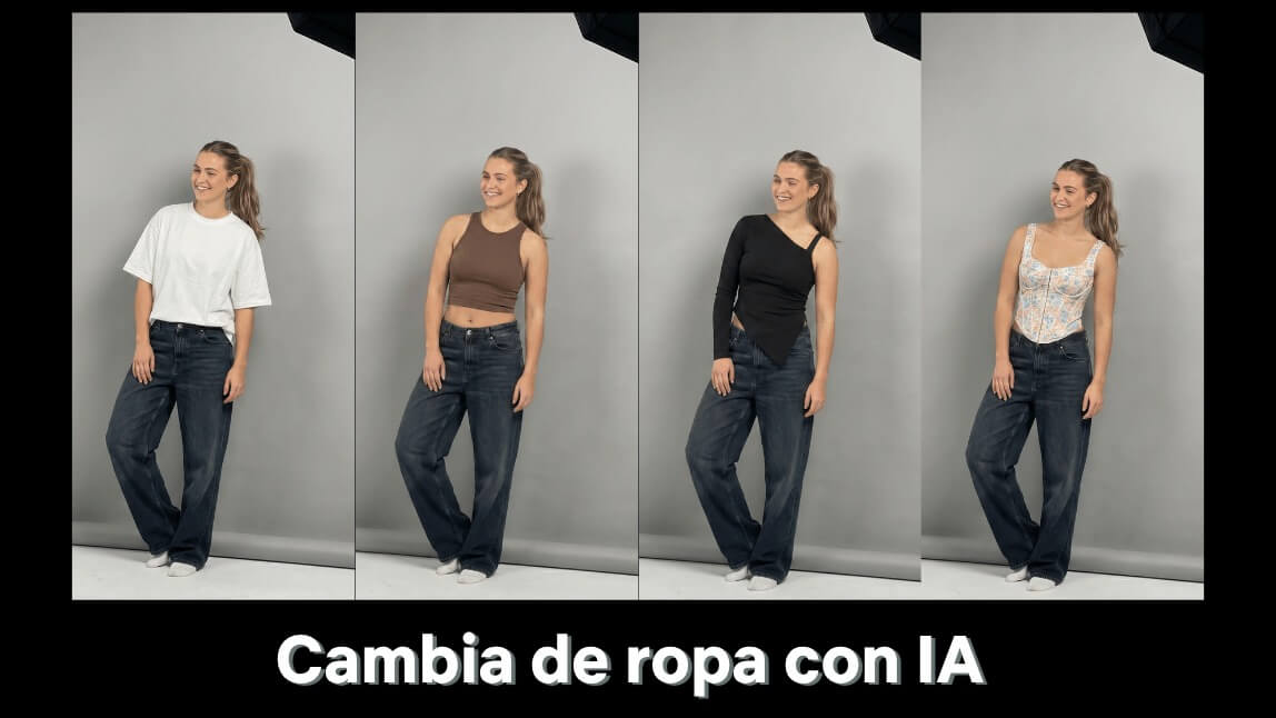 Comparación que muestra a la misma modelo con tres conjuntos diferentes generados por una herramienta de Reemplazo IA para cambiar la ropa.