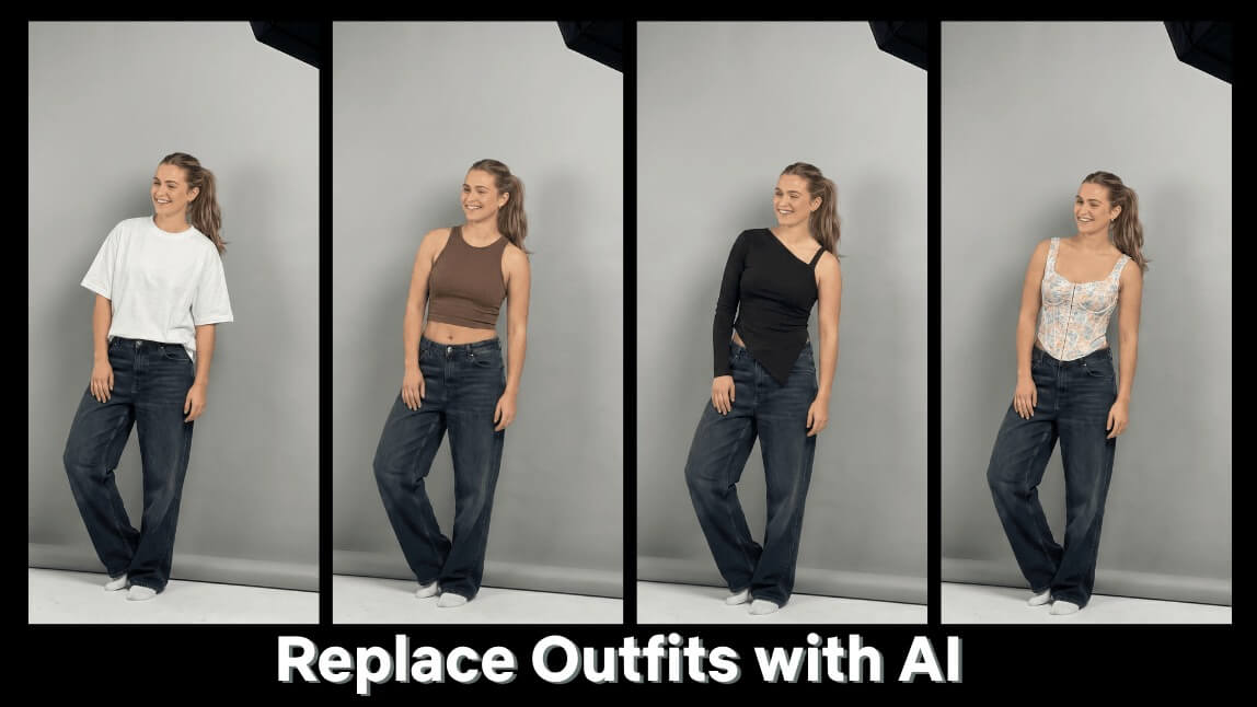 Vergleich, der dasselbe Model mit drei verschiedenen Outfits zeigt, die von einem KI-Replace-Tool zum Kleidungstausch generiert wurden.