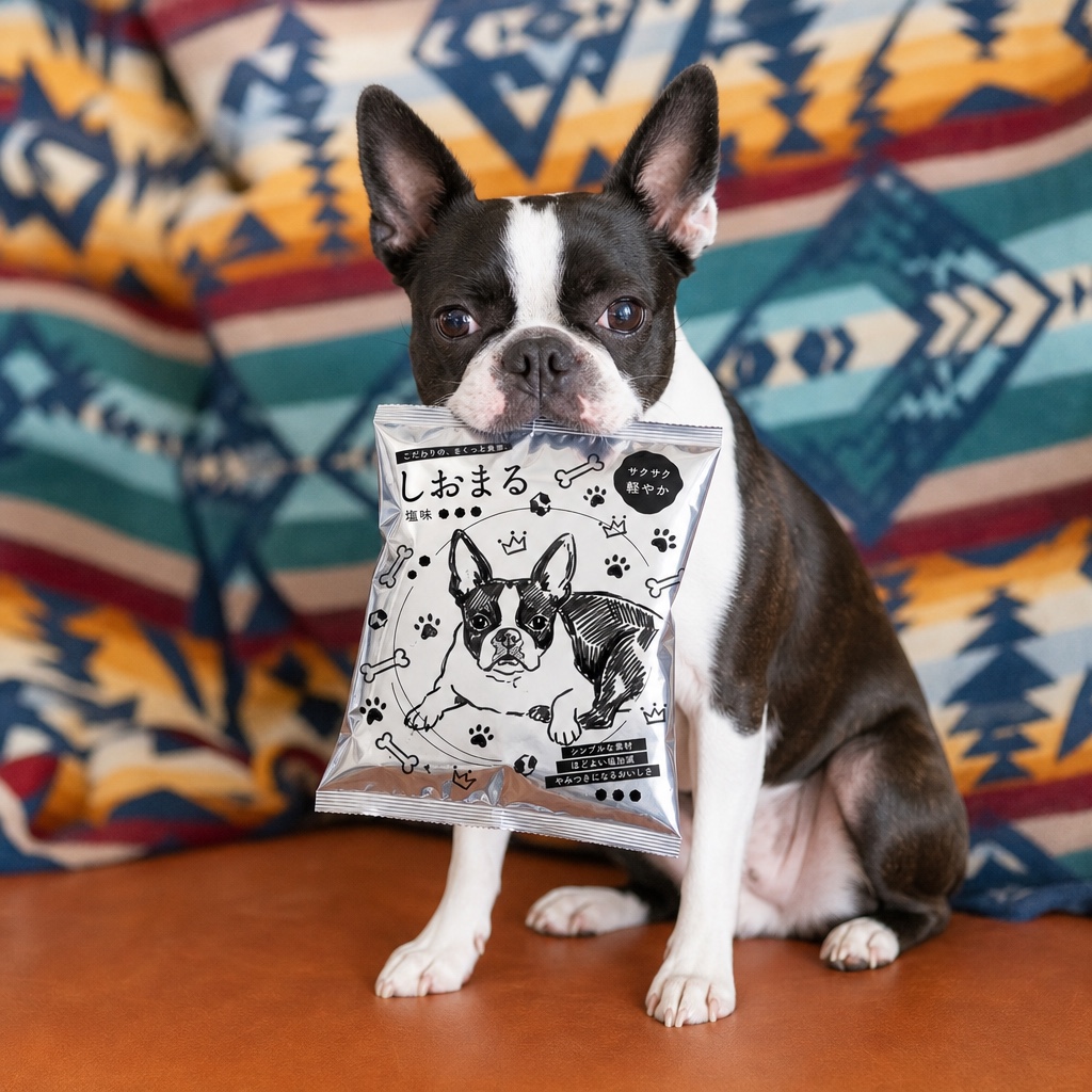 犬が白黒ポテチを咥えている生成画像