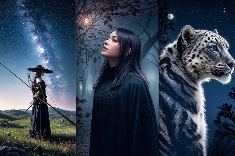 Fantasievolle KI-Bilder generieren: Kriegerin unter Sternenhimmel, geheimnisvolle Frau im Wald und Schneeleopard bei Nacht.