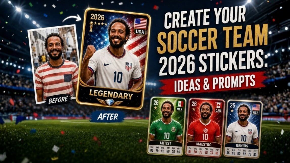 A before-and-after comparison showing an everyday photo transformed into a professional AI-generated World Cup 2026 sticker card.