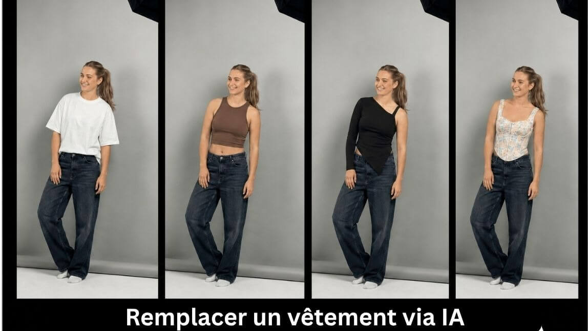 Comparaison montrant le même modèle portant trois tenues différentes générées par un outil IA Replace pour remplacer des vêtements.