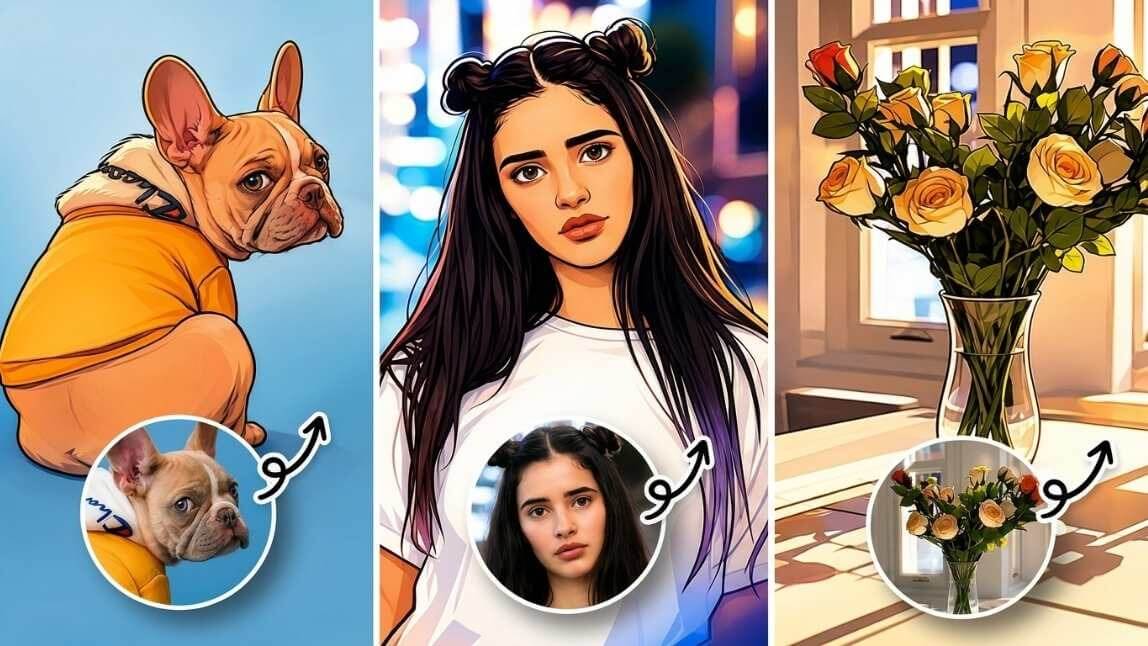 Französische Bulldogge, Person mit Dutts und Vase mit Rosen im Cartoon-Look