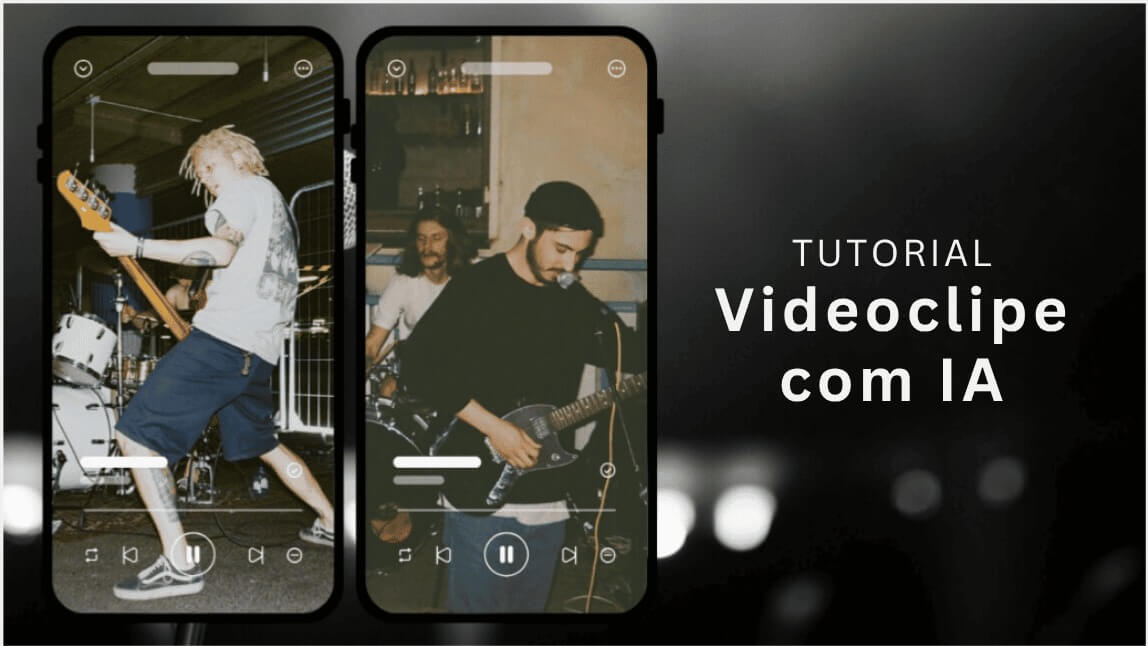 Tutorial de videoclipe com IA com dois celulares mostrando músicos tocando guitarra e bateria