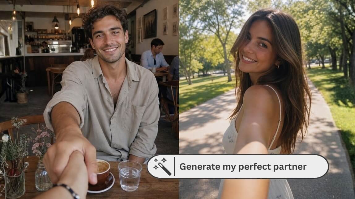 Imagem dividida mostrando um namorado virtual IA sorrindo em um café e uma namorada virtual IA em um parque. No centro, o botão para gerar o parceiro perfeito.