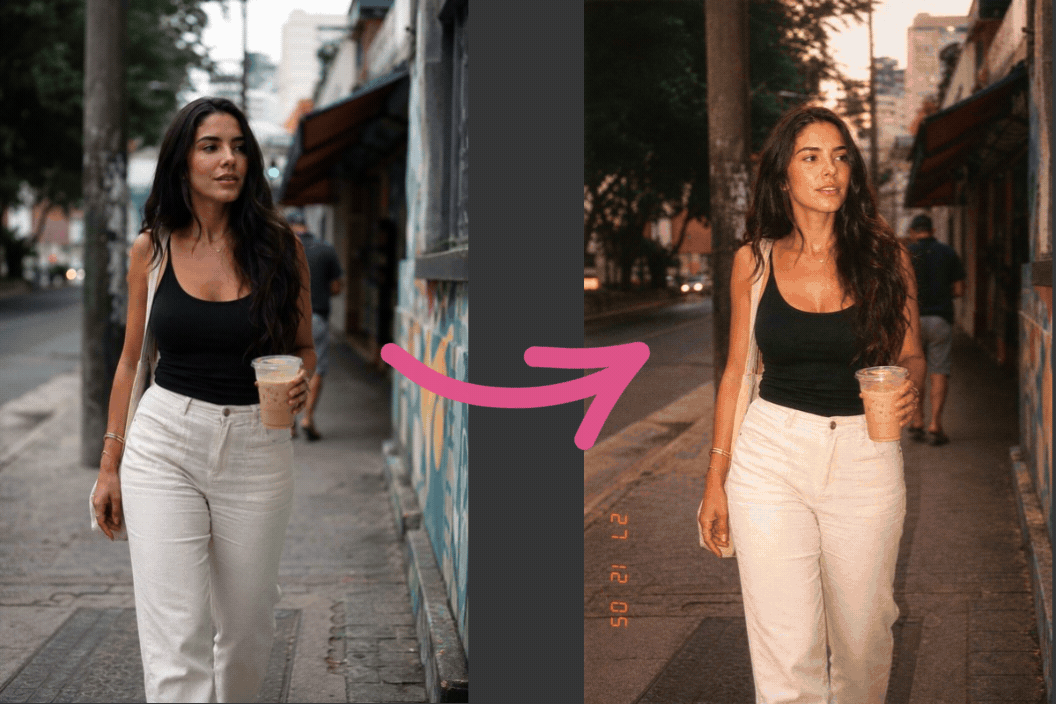 Before-and-after animation: woman walking down the street with the photo transformed into 2000s digital camera style.