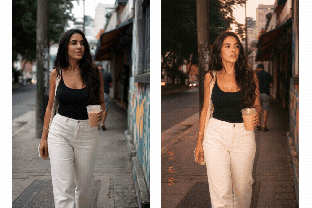 Before-and-after animation: woman walking in the street with photo transformed into 2000s digital camera style.