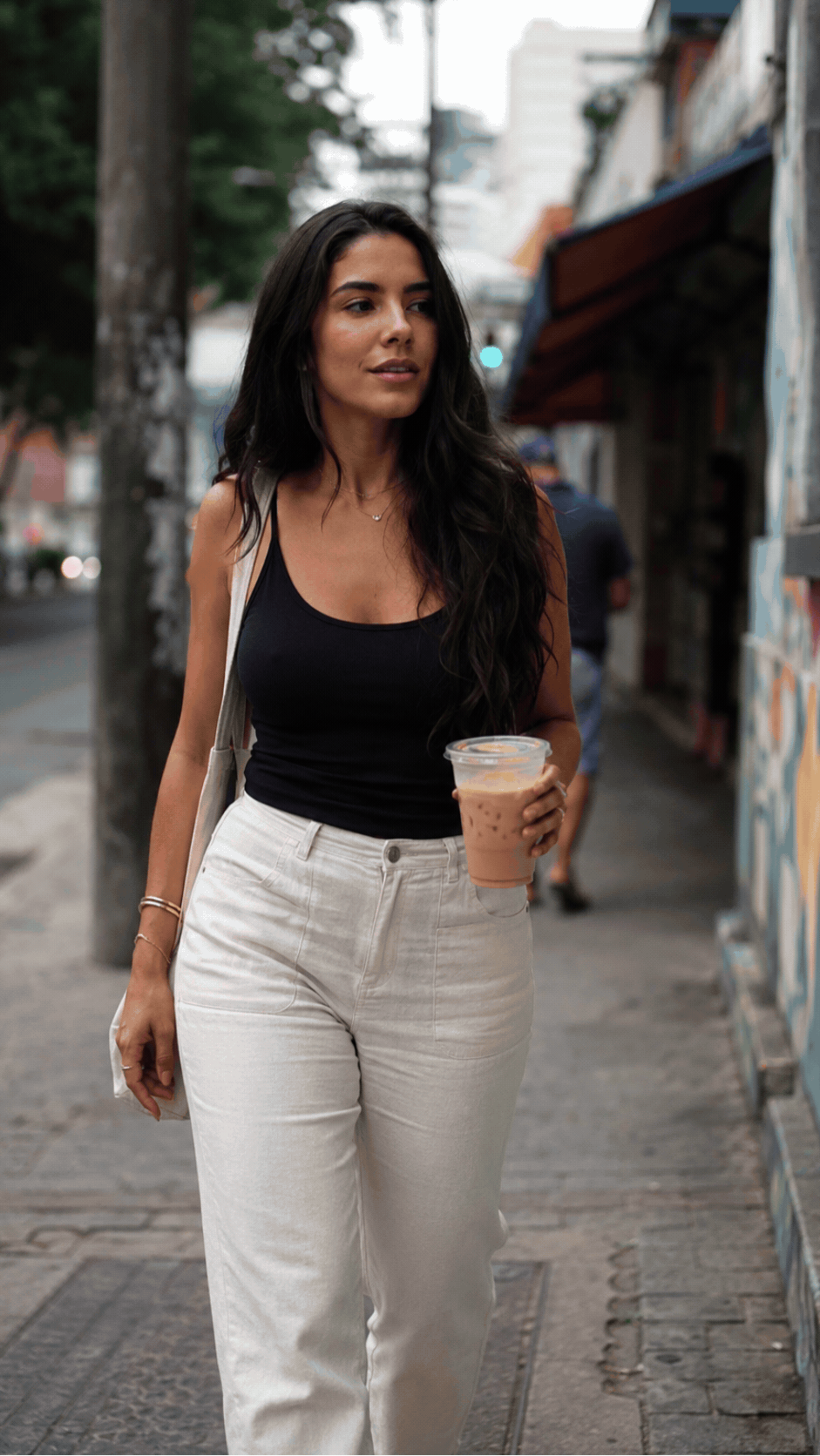 Before-and-after animation of a woman walking in the city, transformed into a photo with retro 2000s digital camera aesthetics.