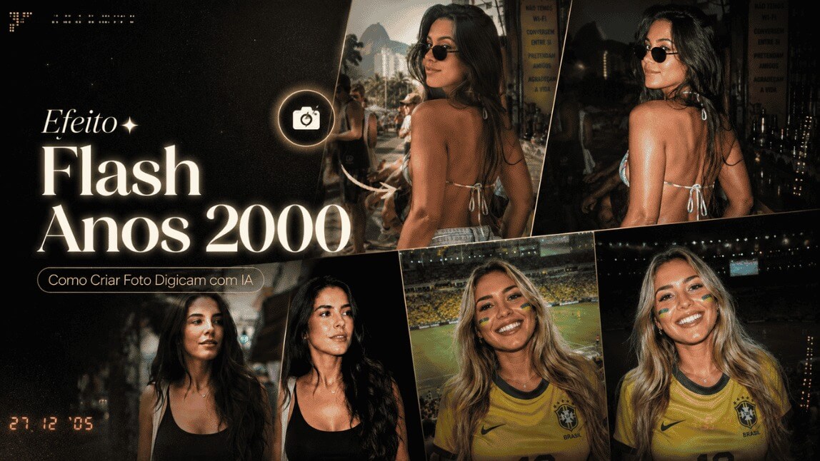 Banner em estilo retrô dos anos 2000, com montagem de fotos femininas tiradas com flash à noite e o texto “Efeito Flash Anos 2000 — Como Criar Foto Digicam com IA
